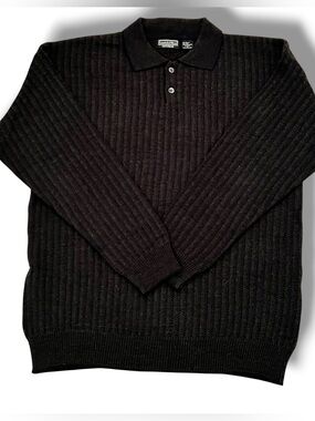 Preswick & Moore Black Ribbed Polo Sweater Men XL Made In ITALY Wool Blend Knit